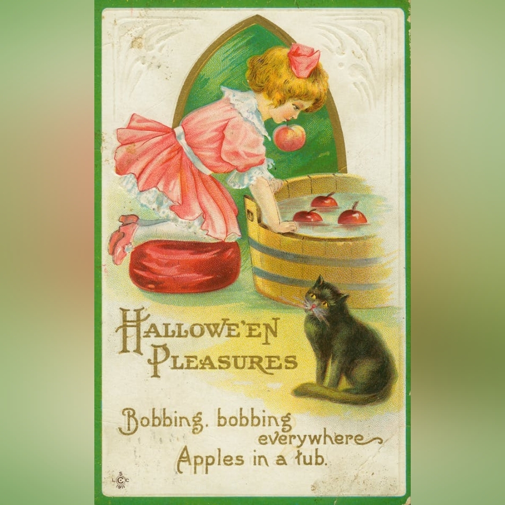 Vintage Halloween Print with Girl and Cat